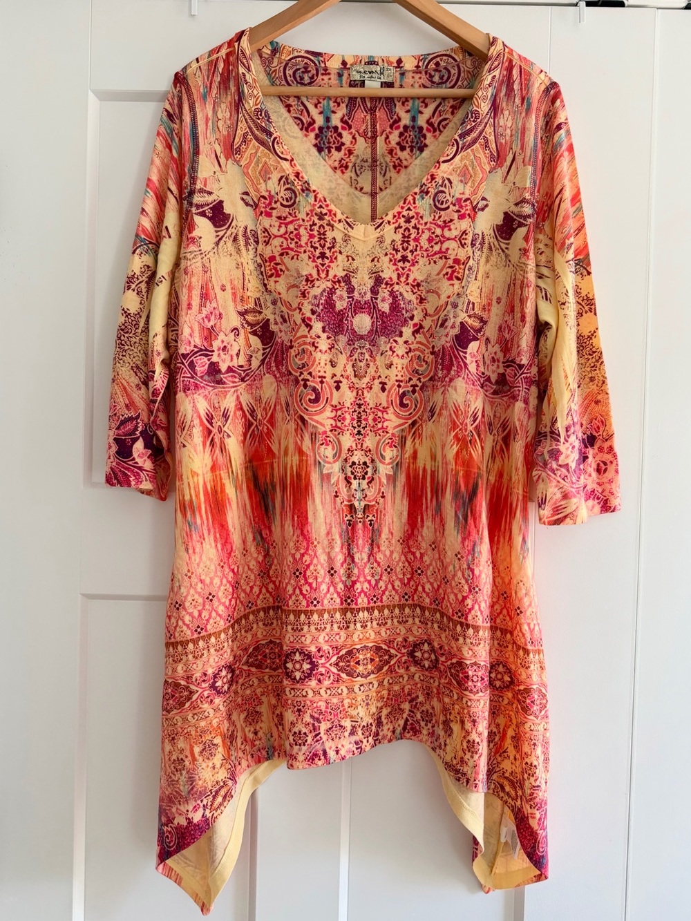 One World Live and Let Live Boho Rhinestone Handkerchief Hem Tunic Top 2X